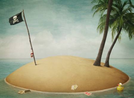 strand, flagg, pirate, øy Annnmei - Dreamstime
