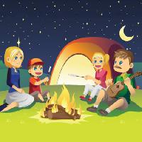 Pixwords Bildet med barn, synge, gitar, brann, måne, himmel, telt, kvinne Artisticco Llc - Dreamstime