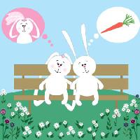 Pixwords Bildet med kaniner, kaniner, gulrot, ekteskap, benk, drøm, brud Ajjjgul - Dreamstime