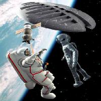 Pixwords Bildet med plass, fremmede, astronaut, satellitt, romskip, jord, kosmos Luca Oleastri - Dreamstime