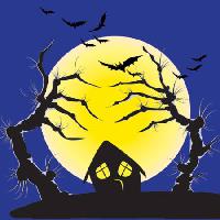 Pixwords Bildet med månen, flaggermus, hus, natt, skumle, skumle Vanda Grigorovic - Dreamstime