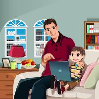 Pixwords Bildet med kid, barn, far, familie, laptop, lampe, vinduer, smile Artisticco Llc - Dreamstime