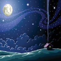 Pixwords Bildet med hus, røyk, måne, mørk, natt, maling, skyer Dedmazay - Dreamstime