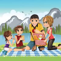 Pixwords Bildet med fjellet, ut døren, barn, familie, basket, spise Artisticco Llc - Dreamstime