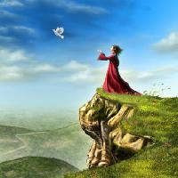 Pixwords Bildet med fugl, kvinne, klippe, grønn himmel, fly Andreus - Dreamstime