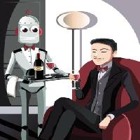 Pixwords Bildet med robot, mann, vin, glass Artisticco Llc - Dreamstime